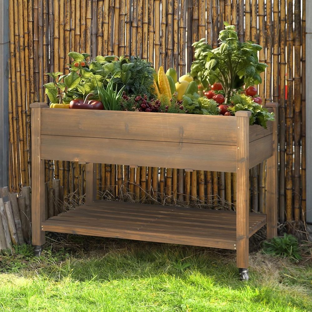 Raised Garden Bed - แปลงปลูกผักยกพื้นขนาดใหญ่ 48x24x33 นิ้ว พร้อมล้อเลื่อน ชั้นวางของ เหมาะสำหรับกลางแจ้ง