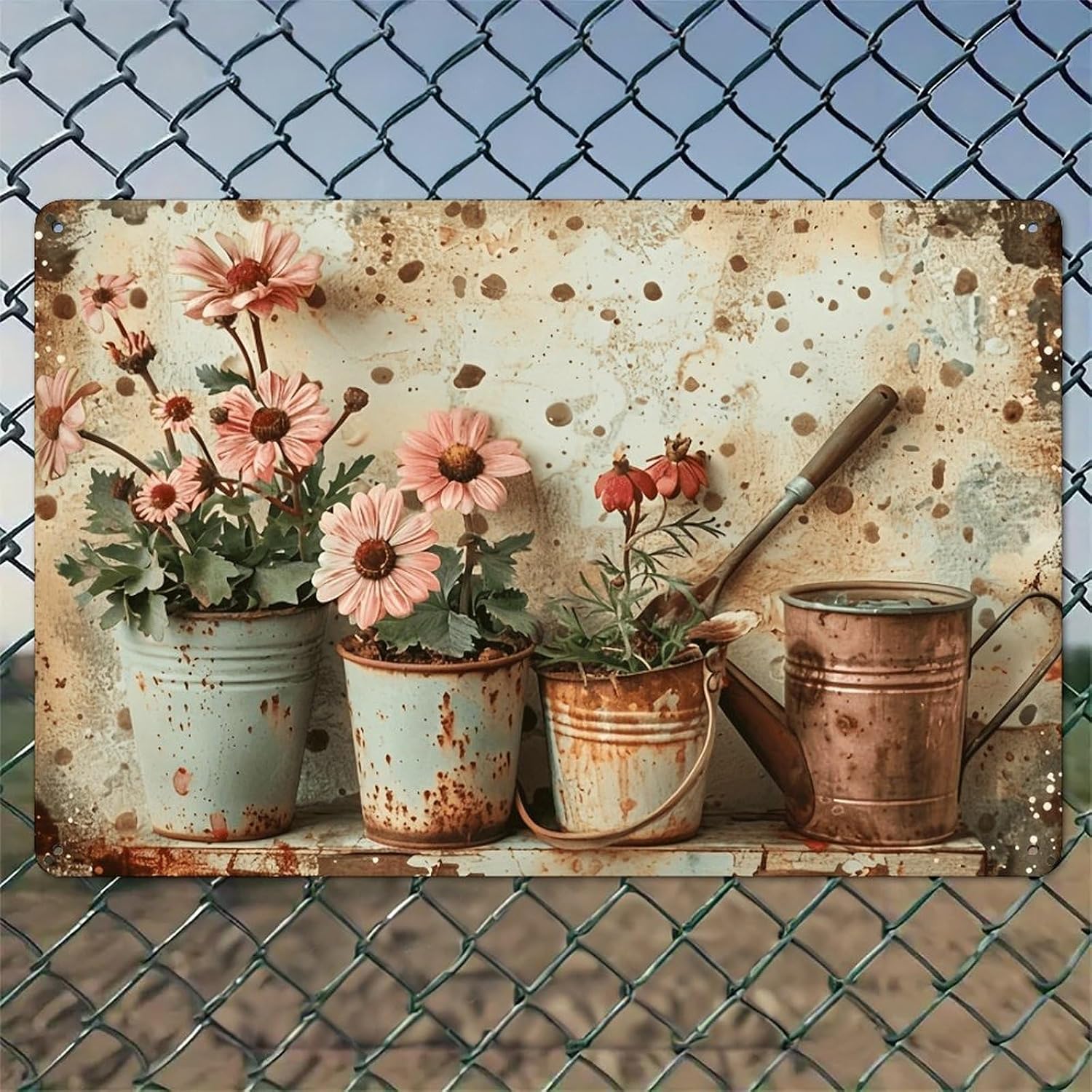 Watering Can - ถังเหล็กสนิมที่มีดอกไม้สีชมพูและบัวรดน้ำ งานศิลปะติดผนังอะลูมิเนียมสไตล์รัสติกและป้ายโลหะดีบุก - สไตล์วินเทจ สำหรับตกแต่งภายในและภายนอก