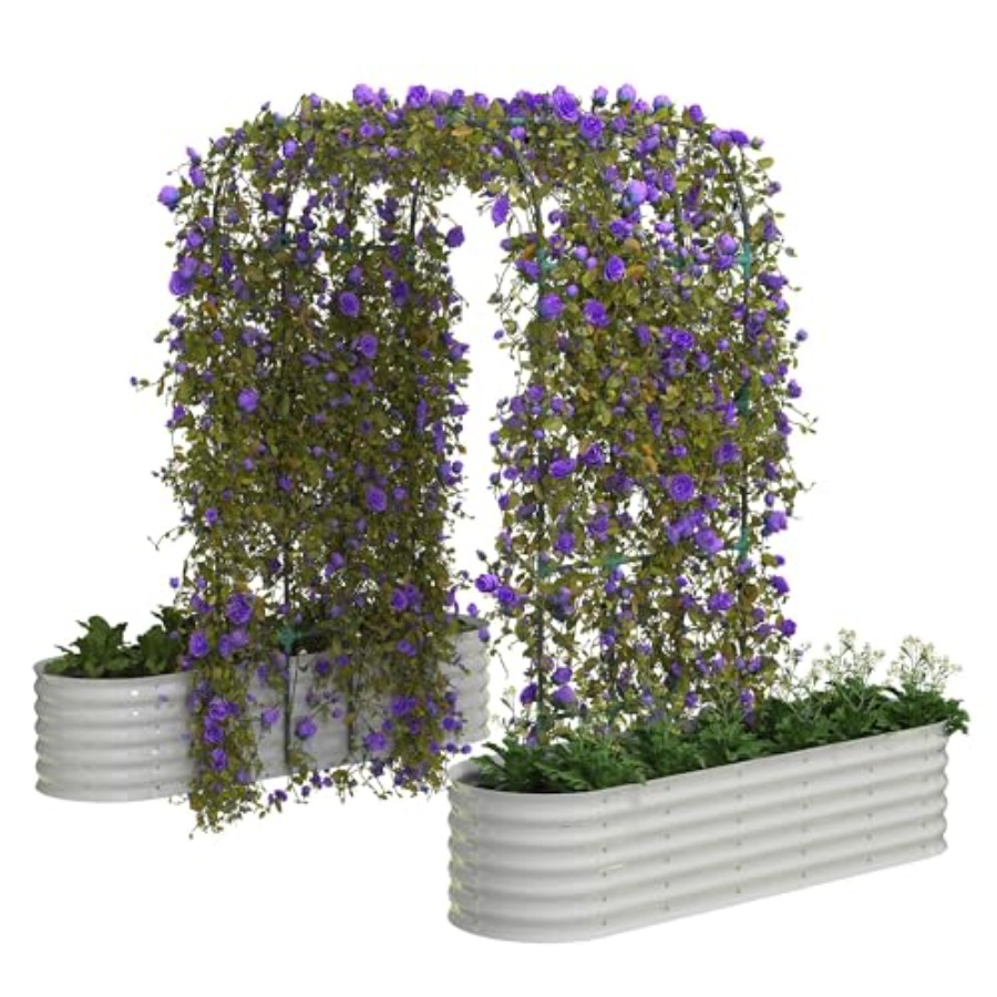 Raised Garden Bed - แปลงปลูกผักแบบยกสูงเคลือบสังกะสี พร้อมโครงค้ำยันแนวตั้ง 96 ชิ้น สำหรับใช้งานภายนอกอาคาร ทำจากเหล็กเคลือบสังกะสี