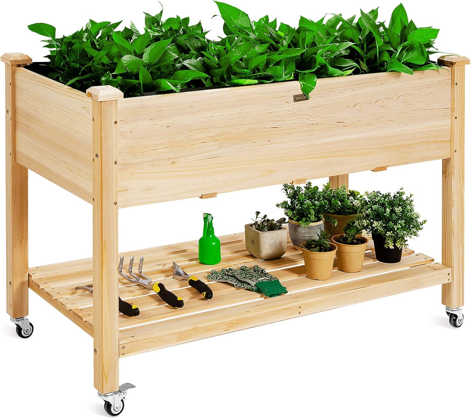 Raised Garden Bed - แปลงปลูกผักยกพื้นแบบมีล้อสำหรับสวนหลังบ้านและลานบ้าน สีน้ำตาล พร้อมแผ่นรองและรูระบายน้ำ