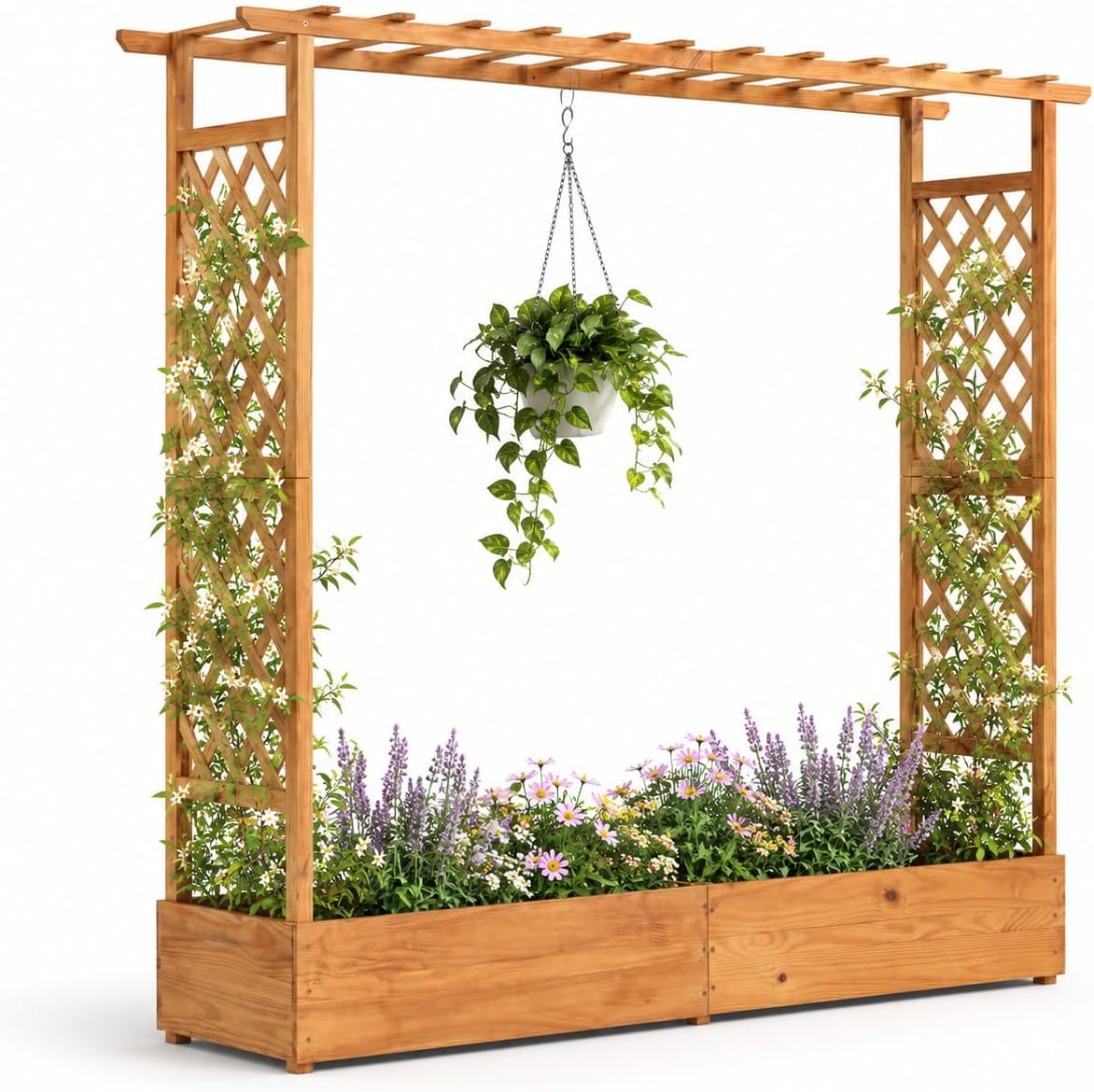 Raised Garden Bed - แปลงปลูกผักยกพื้นพร้อมโครงไม้และหลังคาแขวน ขนาด 77 นิ้ว กล่องปลูกไม้สูงพร้อมรูระบายน้ำ กระถางปลูกต้นไม้แบบตั้งพื้นสำหรับปลูกพืชเลื้อย