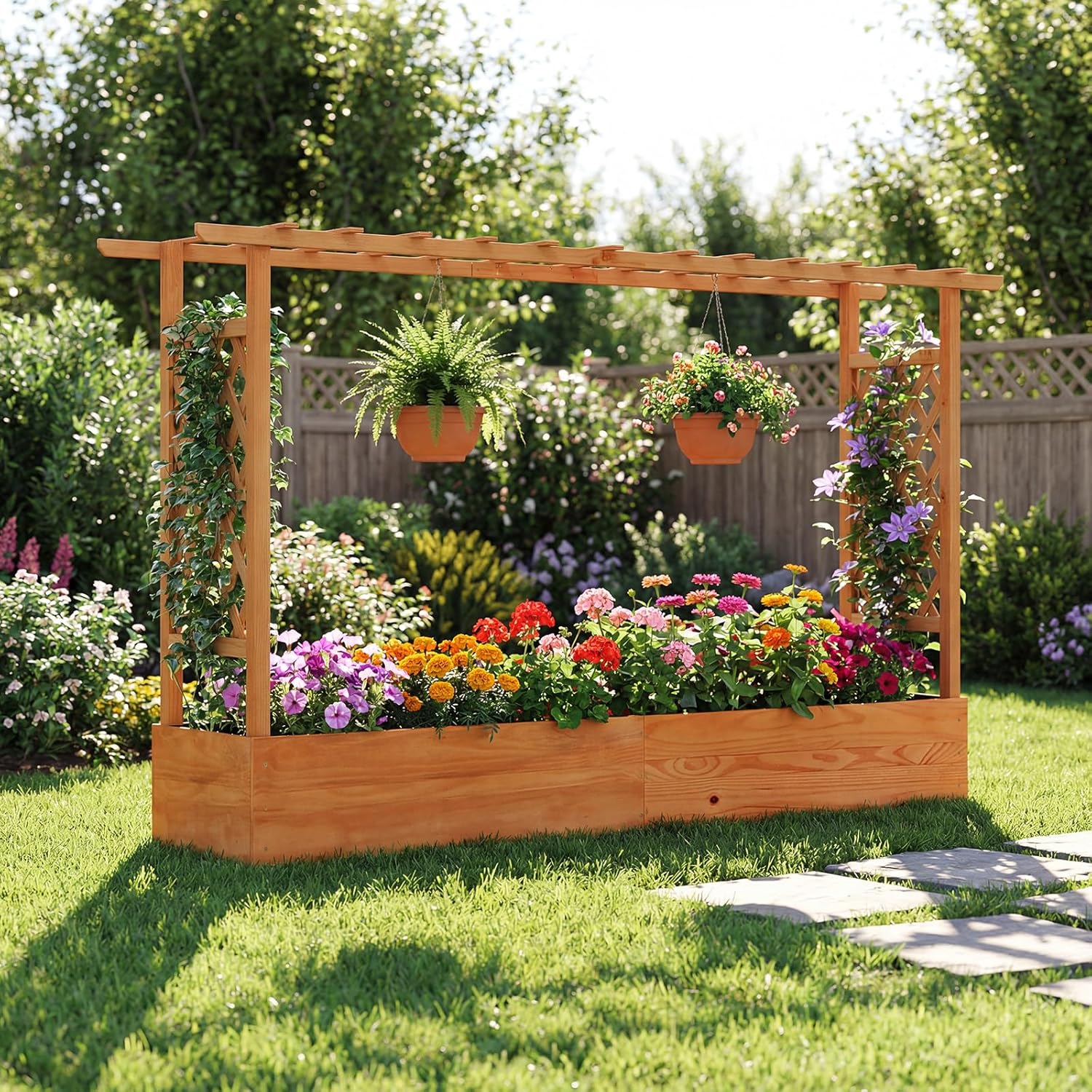 Raised Garden Bed - แปลงปลูกผักยกพื้นสำหรับนอกบ้าน ทำจากพลาสติก สีเขียว พร้อมโครงตาข่าย หลังคาแขวน และรูระบายน้ำสำหรับพืชเลื้อย